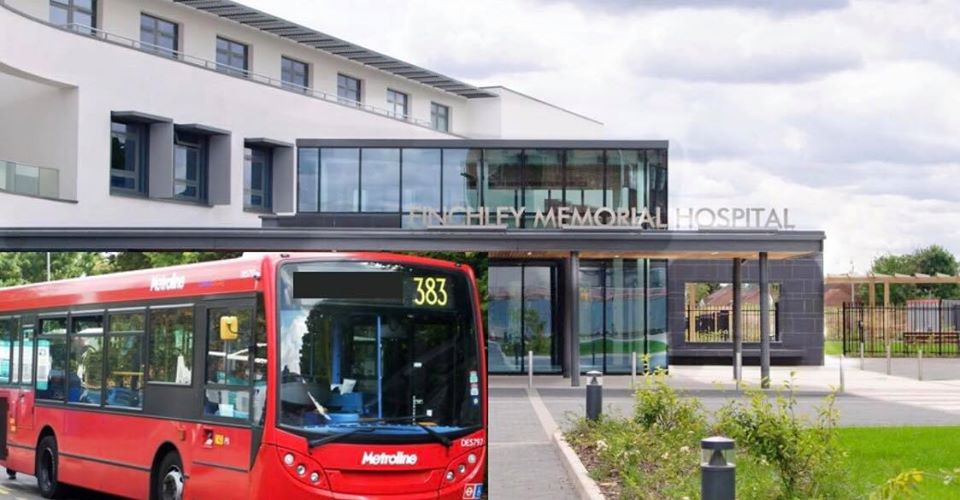 Artist rendering of 383 bus at Finchley Memorial Hospital Artist rendering of 383 bus at Finchley Memorial Hospital