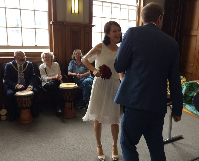 Eliza and Tom, newly married couple dancing to the beat of the Mayor of Barnet Eliza and Tom, newly married couple dancing to the beat of the Mayor of Barnet