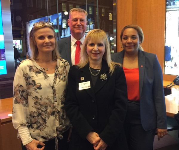Lesley Imossi, Stephen Carr the local Area Director for Edgware Metro Bank, Lisa and Tracey–Emma Ekanem the local Business Manager Lesley Imossi, Stephen Carr the local Area Director for Edgware Metro Bank, Lisa and Tracey–Emma Ekanem the local Business Manager