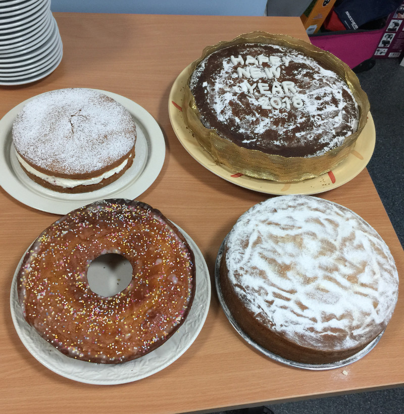 The top right cake was made by Marina. The right front cake was made by Dawn. The left front cake was made by Rosetta and the left back cake was made by Roopa The top right cake was made by Marina. The right front cake was made by Dawn. The left front cake was made by Rosetta and the left back cake was made by Roopa