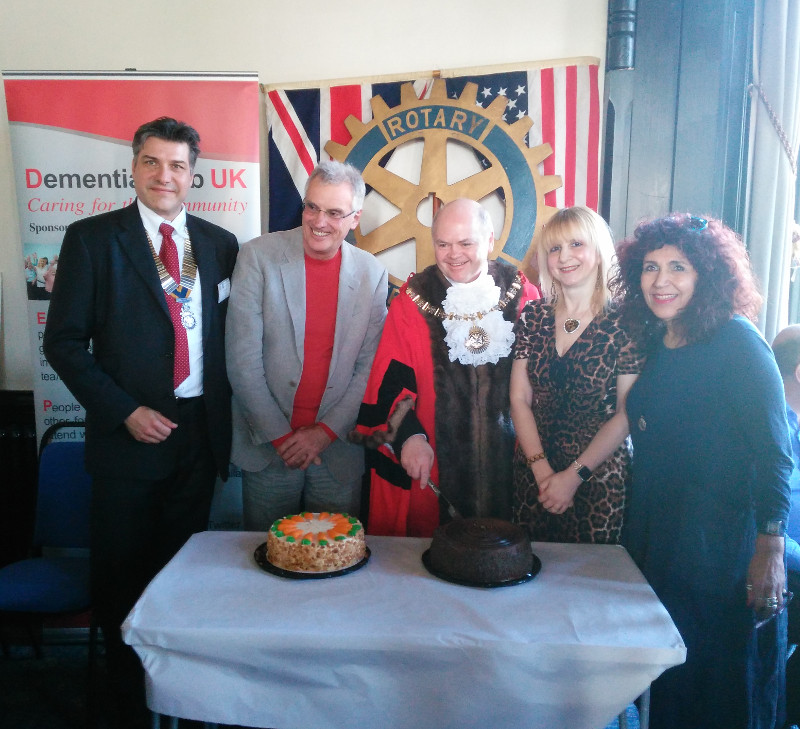 In the photo from the left to right is the President of Rotary Club of Golders Green Mr Martin Schramm, Mr Nigel Wray Chairman of Saracens, the Mayor of Barnet Cllr David Longstaff, Cllr. Lisa Rutter Chairman/Trustee of Dementia Club UK and Mrs Valerie Chodosh past President of Rotary Club of Golders Green. In the photo from the left to right is the President of Rotary Club of Golders Green Mr Martin Schramm, Mr Nigel Wray Chairman of Saracens, the Mayor of Barnet Cllr David Longstaff, Cllr. Lisa Rutter Chairman/Trustee of Dementia Club UK and Mrs Valerie Chodosh past President of Rotary Club of Golders Green.